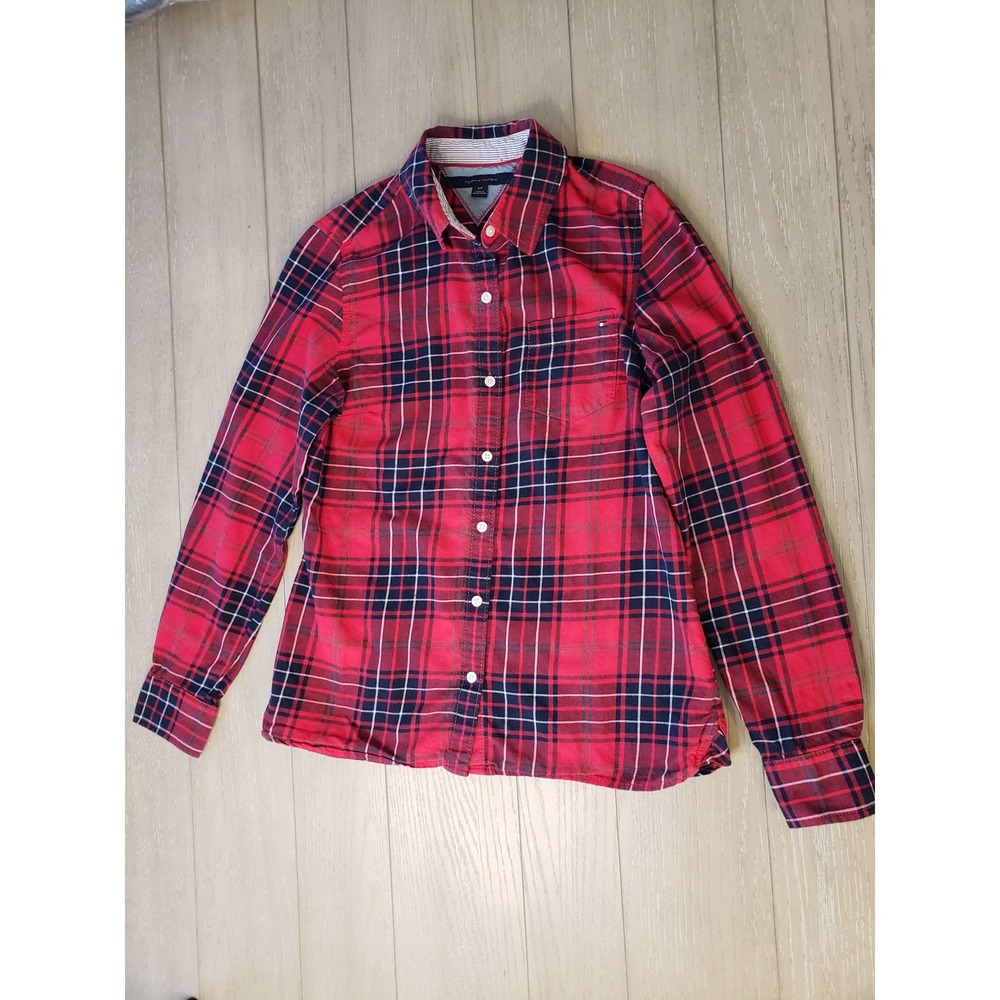 Tommy Hilfiger button down long sleeve flannel shirt women S/P Preppy, Cabincore